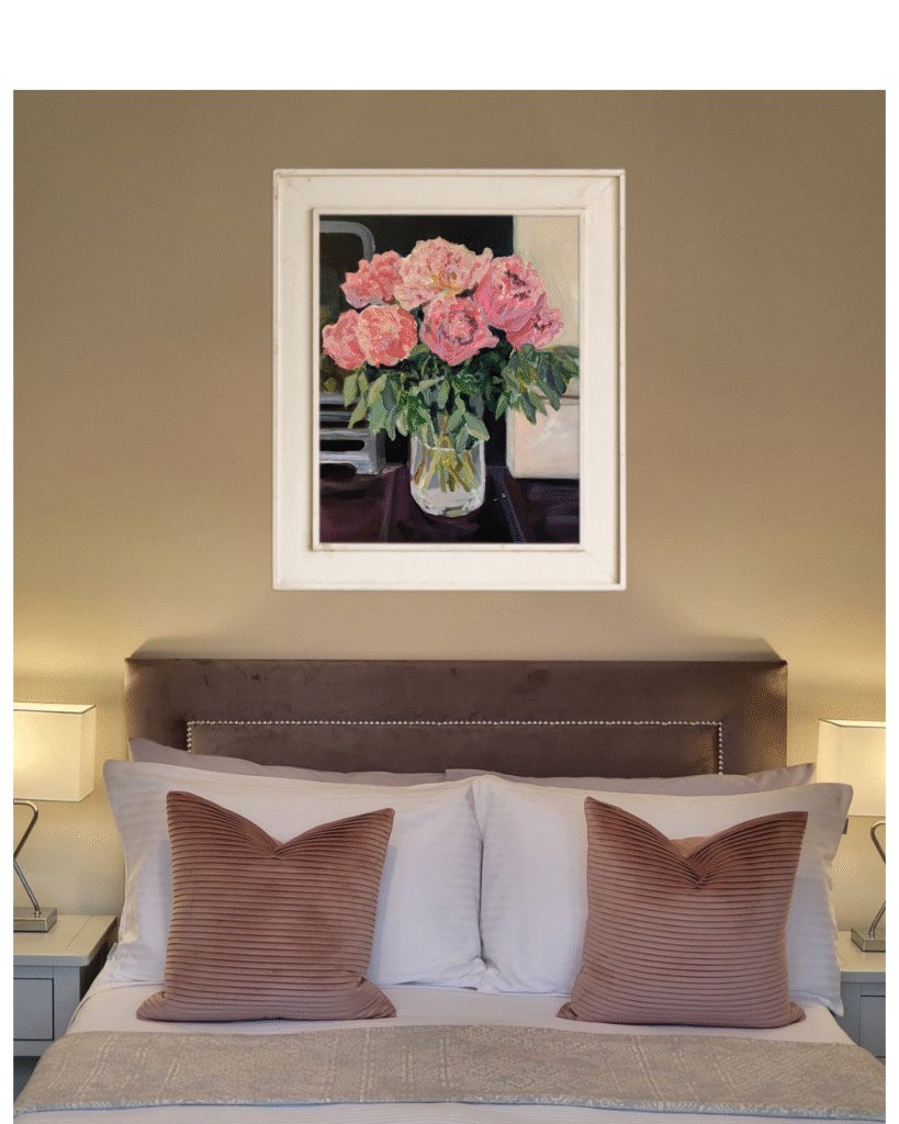 Artist Margaret Powell Worcester Artist painting of Peonies on the Hearth