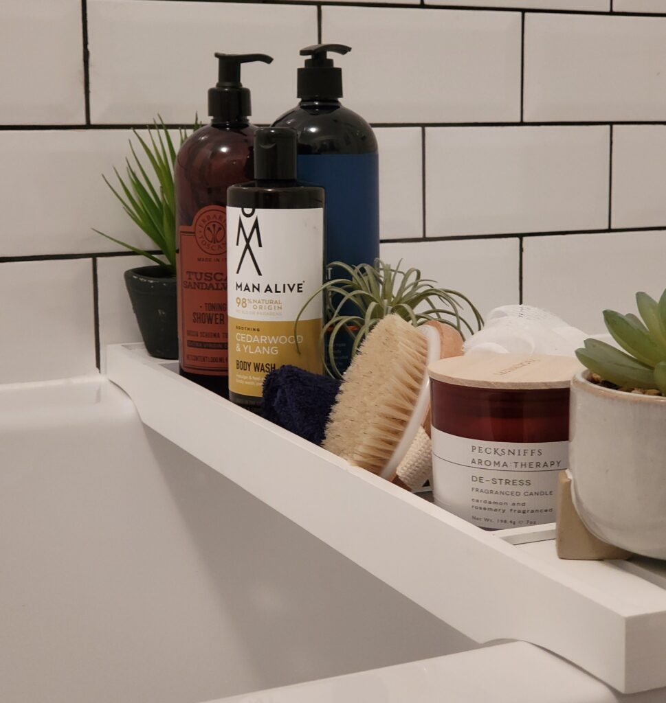 Home Staged Bathroom Lifestyle Image of bath caddy and accessories
